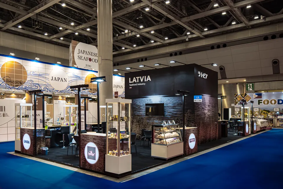 Latvian Fish Processing Industry stand at FOODEX, Japan 2024. Exhibition stand design, production and installation by EVENT MORE