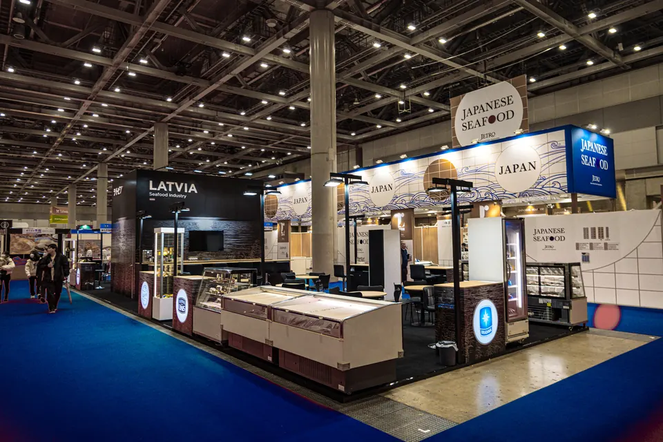 Latvian Fish Processing Industry stand at FOODEX, Japan 2024. Exhibition stand design, production and installation by EVENT MORE