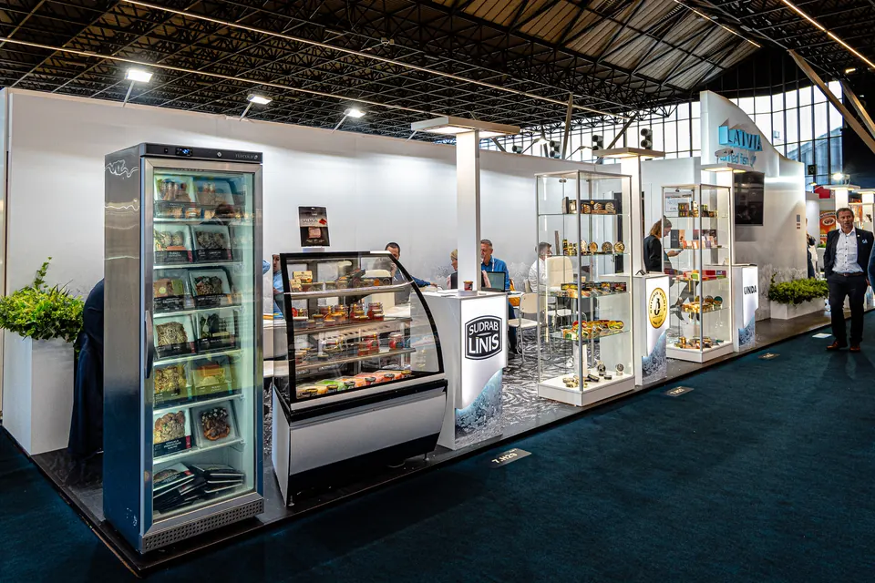 Latvian Fish Processing Industry stand at Private Label Amsterdam, Netherlands 2023. Exhibition stand design, production and installation by EVENT MORE