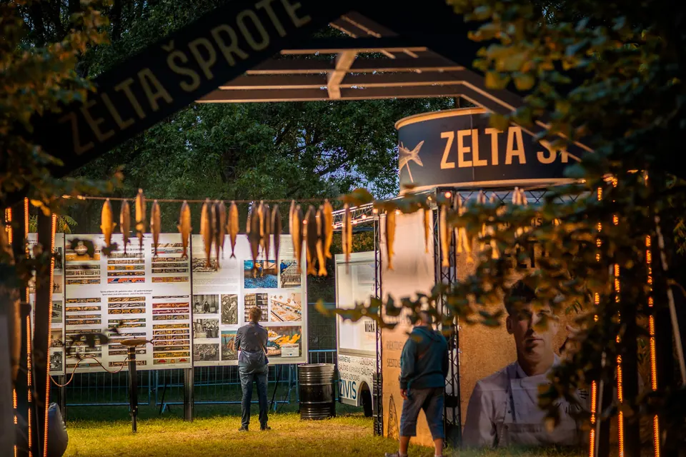 Zelta Šprote stand by Latvian Fish Processing Industry at Summer Sound and Positivus festivals, Latvia 2023. Exhibition stand design, production and installation by EVENT MORE