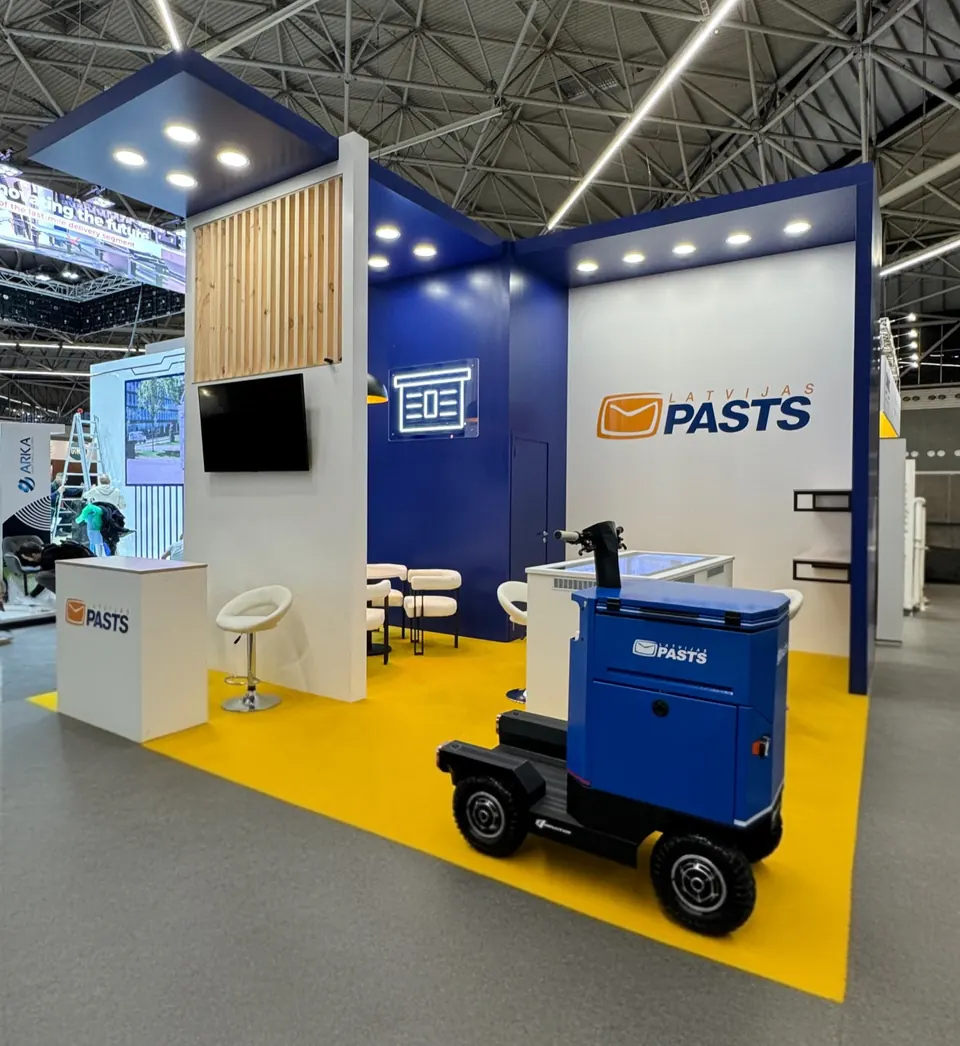 Latvijas Pasts stand at PARCEL+POST EXPO, Netherlands 2024. Exhibition stand design, production and installation by EVENT MORE