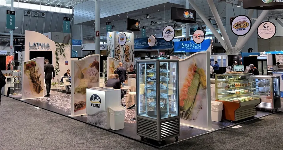 Latvian Fish Processors Association stand at Seafood Expo North America 2022, USA. Exhibition stand design, production and installation by EVENT MORE