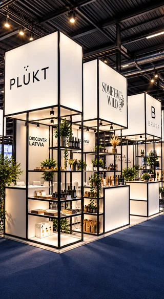 Latvian food exhibition stand with PLUKT, Something Wild and Brasa light cubes, designed and built by EVENT MORE