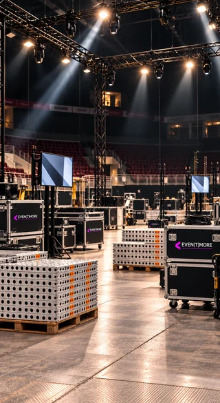 Event equipment rental: black truss structures, lights, screens and EVENT MORE flight cases in an arena