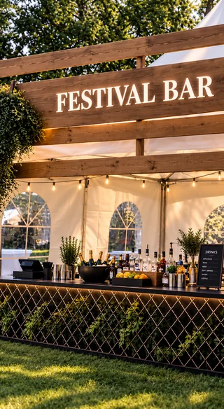 Event service: festival bar with wooden sign, drinks and festoon lights in a tent